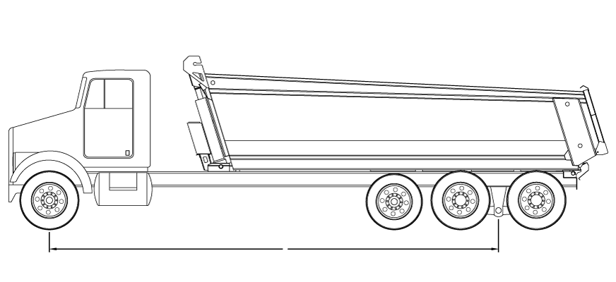 Bridge law example: tri-axle dump truck with 315 inch wheelbase and 61,500 lbs GVW